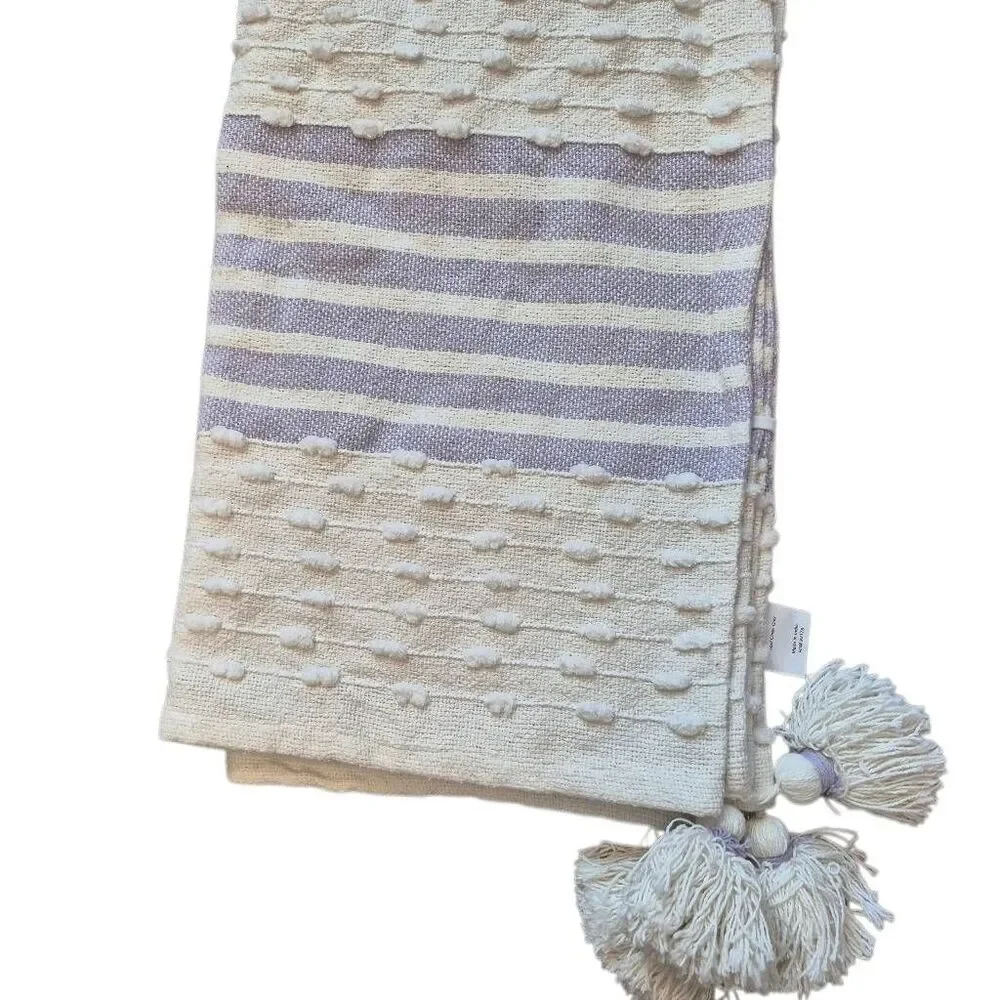 Magaschoni Boho Tufted Striped Throw Blanket 50x60 Lavender Cream Tassels NEW